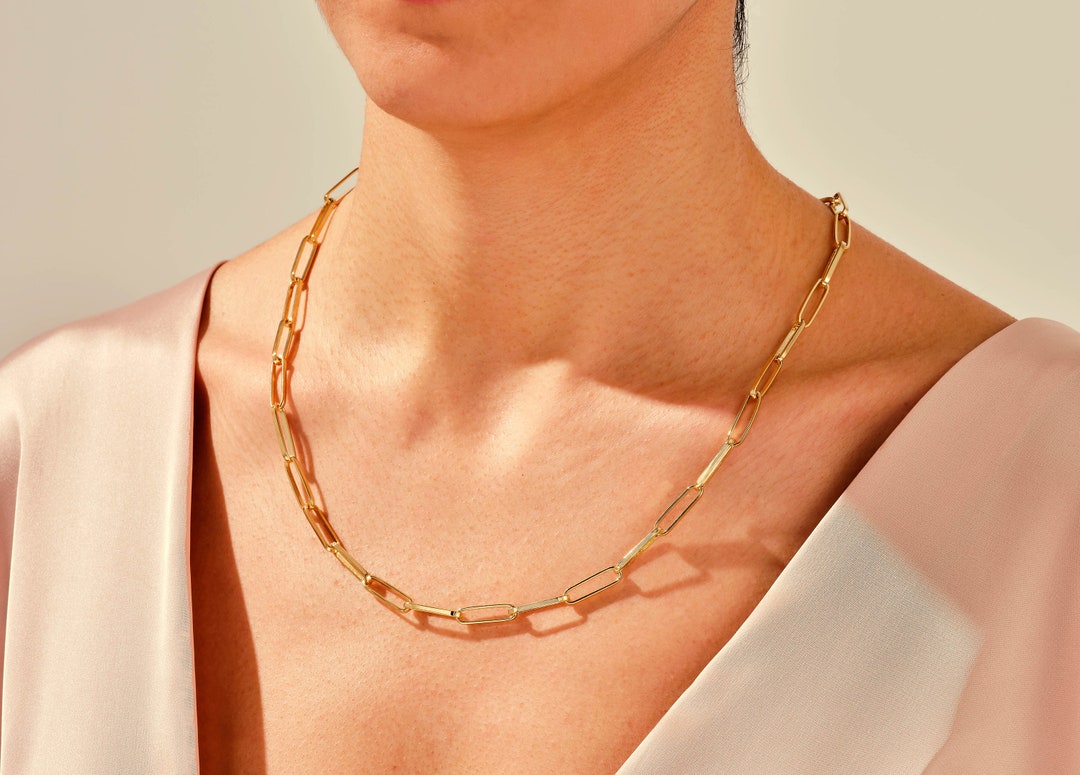 14k Gold Paperclip Chain Necklace / Bold Paperclip Link Chain Necklace
