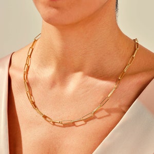 14k Gold Paperclip Chain Necklace / Bold Paperclip Link Chain Necklace for Women / Solid Gold Layering Chain Necklace / Elongated Link Chain