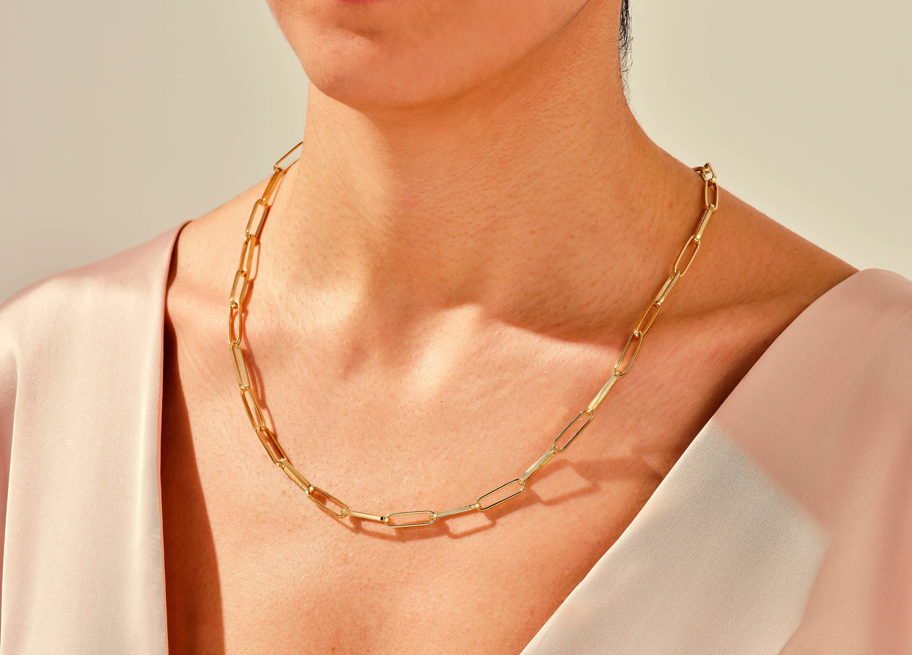 14k gouden paperclipketting / Gedurfde paperclipketting voor dames / Massief gouden gelaagde ketting / Langwerpige schakelketting