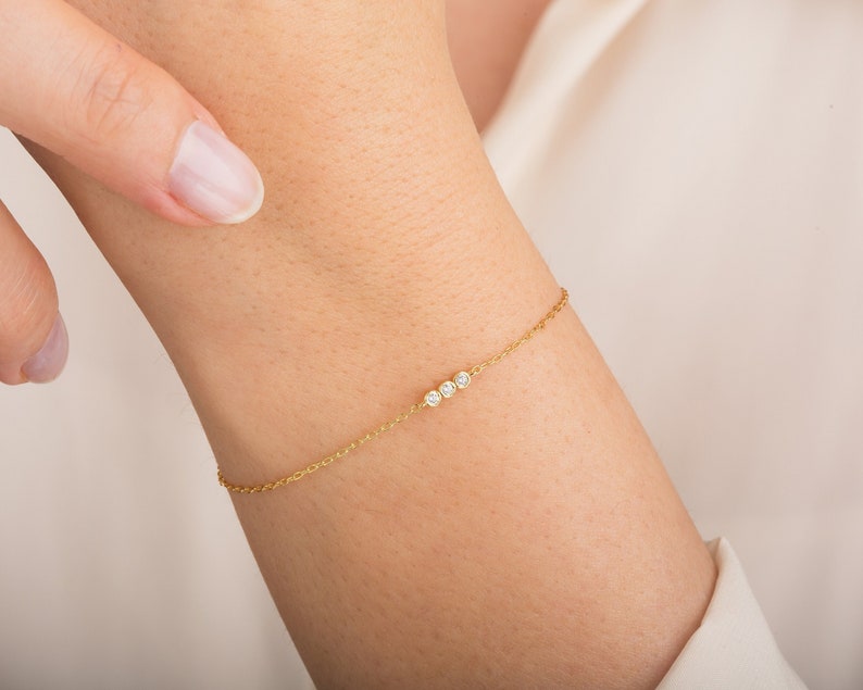 Trio Diamond Bracelet / 14k Solid Gold Bracelet / Minimalist Diamond Bracelets for Women / Gift for Her / Unique Valentine's Day Gifts image 1