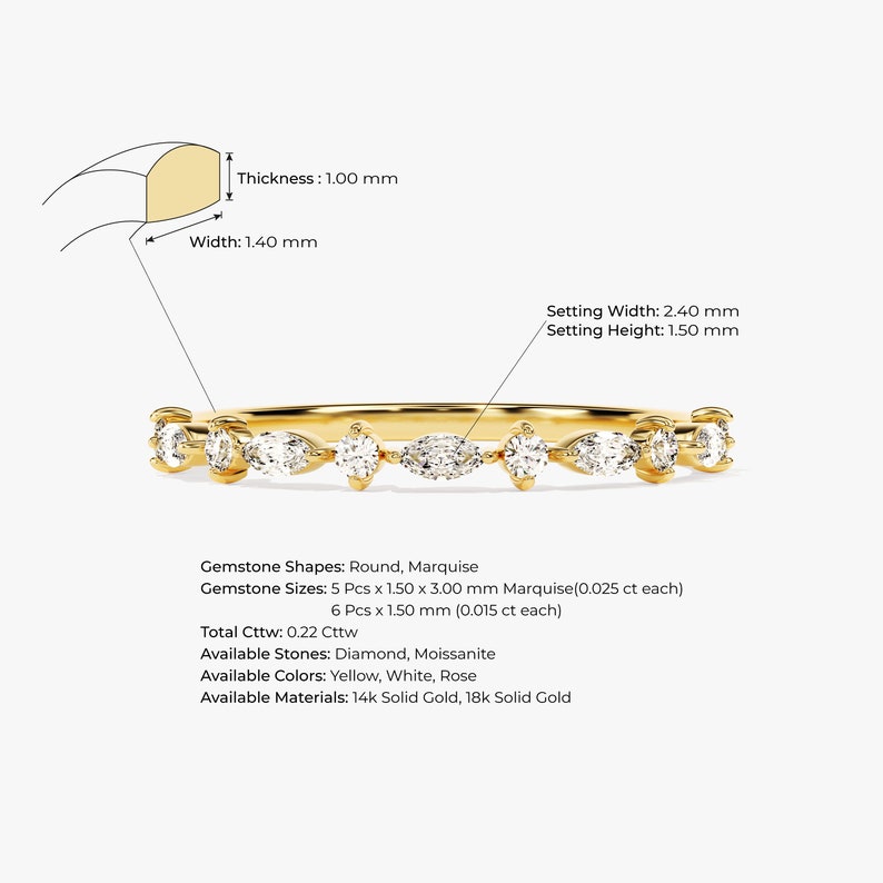 Diamond Half Eternity Wedding Band / Solid Gold Minimal Stacking Ring / Marquise and Round Cut Wedding Ring for Women / Gold Enhancer Ring image 6