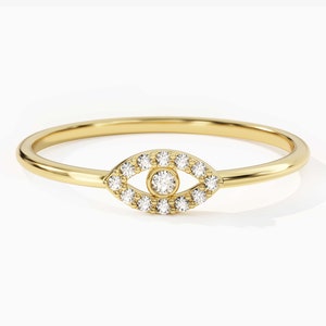 Diamond Evil Eye Ring / 14k Solid Gold Evil Eye Ring / Good Luck Ring / Dainty Minimalist Diamond Ring for Women / Boho Jewelry Gift