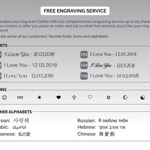May include: A graphic showing different font styles and icons that can be engraved on a ring. The text includes "I Love You" in different fonts and dates. The icons include a smiley face, infinity symbol, star, heart, cross, another heart, star of David, crescent moon, and yin yang symbol. The text also includes other alphabets such as Korean, Arabic, Japanese, Russian, Hebrew, and Chinese.