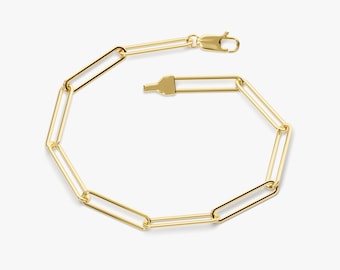 14k Gold Paperclip Chain Bracelet / Paper Clip Link Bracelet / Bold Statement Bracelets Womens / Real Gold Bracelet Gift / Elongated Chain