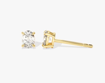 Pendientes de diamantes de talla ovalada de oro macizo de 14 k / Pendientes de oro genuino de 14 k 18 k para ella / Pendientes de diamantes delicados / Pendientes de forma ovalada