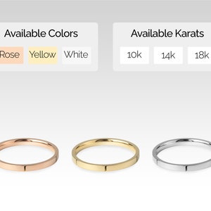 May include: Three simple wedding bands in rose gold, yellow gold, and white gold. Available colors: Rose, Yellow, White. Available karats: 10k, 14k, 18k.