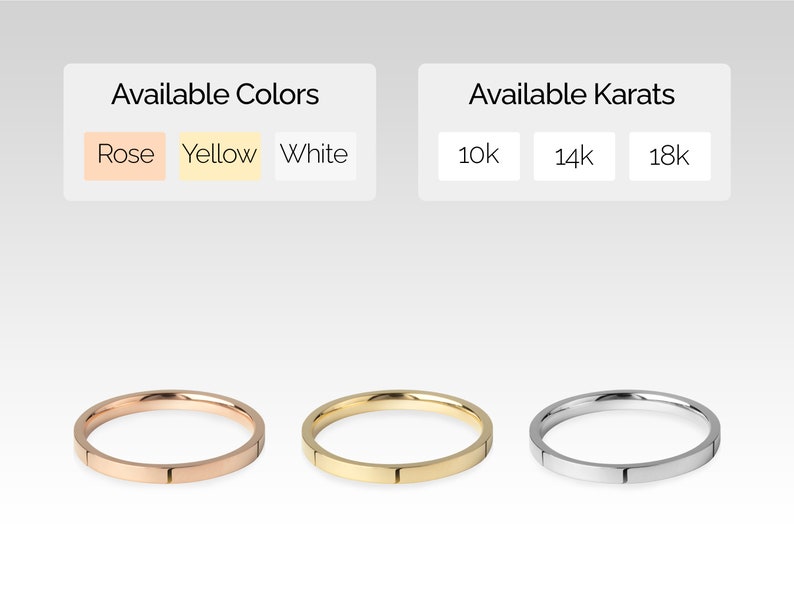 May include: Three simple wedding bands in rose gold, yellow gold, and white gold. Available colors: Rose, Yellow, White. Available karats: 10k, 14k, 18k.