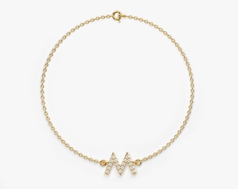 Pulsera inicial de diamantes de oro macizo de 14k / pulsera con nombre de diamantes / pulseras de diamantes minimalistas para mujeres / regalo personalizado para ella