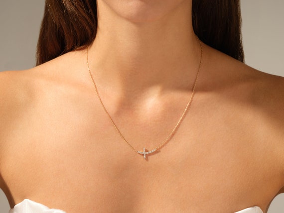 Buy 14KT White Gold Sideways Blue & White Diamond Cross Pendant Necklace  NEW Adjustable Length Online in India - Etsy