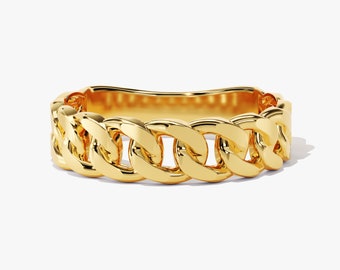 Cuban Chain Ring, 5mm Thick Gold Link Band for Women, Statement Stacking Ring