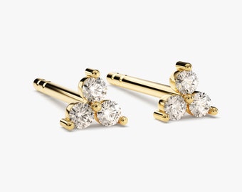 Trinity Diamond Stud Earrings / 14k Gold Diamond Earrings for Women / Tiny Trio Diamond Earrings / White Natural Diamond Earrings