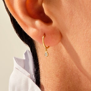 Diamond Huggie Earrings with Bezel / 14k Gold Diamond Huggies / Minimalist Earrings for Women / Small Diamond Hoops