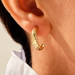 14k Gold Croissant Earrings / Croissant Hoops / Bold Statement Earrings for Women / Twisted Hoops Huggies / Chunky Earrings image 1