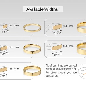 May include: Diagram showing different widths of gold rings, ranging from 2 mm to 6 mm. The text reads "Available Widths" and "All of our rings are curved inside to ensure comfort fit. For other widths you can contact us."