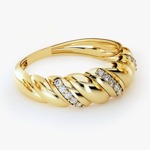 14k Gold Diamond Croissant Ring / Twisted Dome Ring with Diamonds / Statement Ring for Women / 14k Solid Gold Chunky Ring / Minimalist Ring
