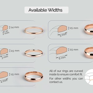 various sizes of gold rings, ranging from 14 mm to 5 mm, with corresponding widths. All of the rings are curved inside to ensure comfort, and the image provides contact information for customers to inquire about other ring widths.
