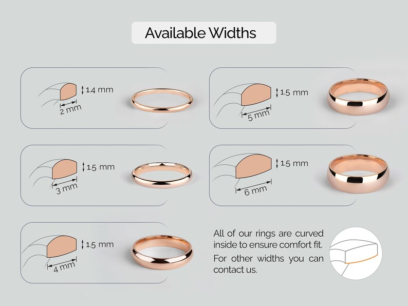 various sizes of gold rings, ranging from 14 mm to 5 mm, with corresponding widths. All of the rings are curved inside to ensure comfort, and the image provides contact information for customers to inquire about other ring widths.