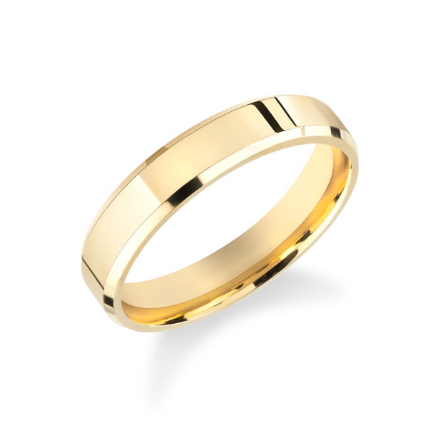 4mm Gold Band - Beveled Edge / FLAT / COMFORT FIT / 10k 14k 18k Wedding Band for Men, Women / Yellow Gold, White Gold, Rose Gold Ring