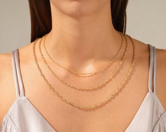 14k Gold Singapore Chain Necklace: Dainty Twisted Diamond Cut
