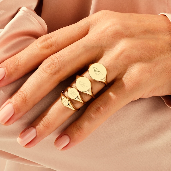 14k Solid Gold Engraved Signet Ring, Personalized Pinky Ring