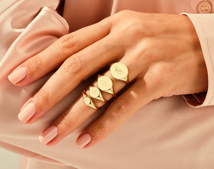 14k Solid Gold Engraved Signet Ring, Personalized Pinky Ring