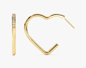 14k Gold Open Heart Earrings with Diamonds / Diamond Drop Earrings / 18k Solid Gold Minimal Earrings / Valentine's Day Gift for Her