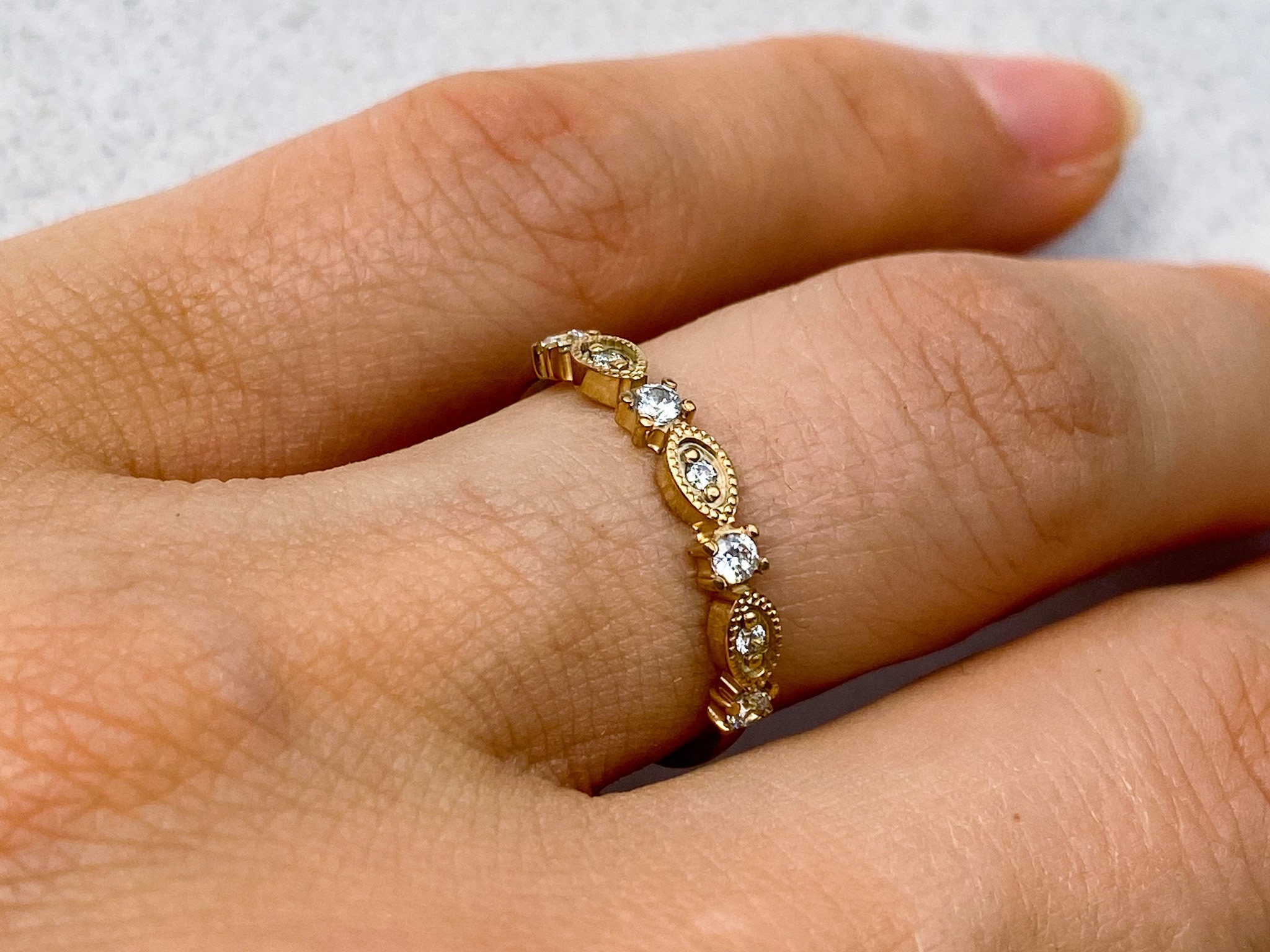 Art Deco Natural Diamond Wedding Band, 14k Gold Stackable Vintage Ring ...