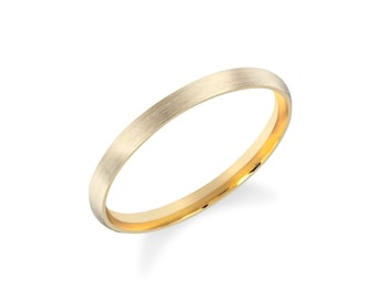 May include: A simple gold wedding band with a brushed finish. The band has a thin, polished edge.