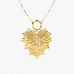 Collar de diamantes con inicial de corazón en oro macizo de 14 quilates, Encanto de letra inicial de diamante, Colgante con inicial personalizado, Regalo de San Valentín personalizado