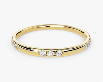 Micro Pave Moissanite Wedding Band, Sterling Silver Thin Triple Cluster Ring, Anniversary Gift