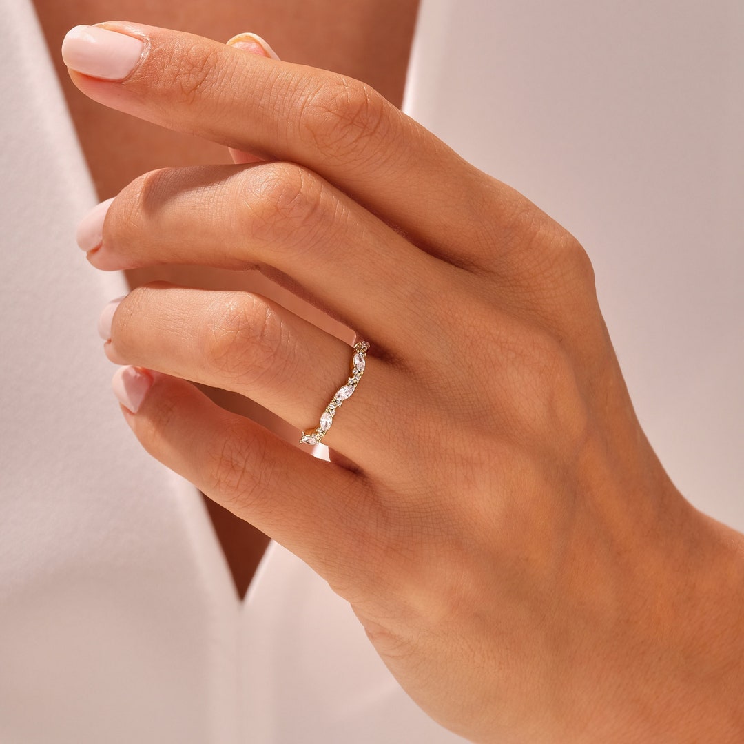 Solid Gold Marquise and Round Cut Wedding Ring / Half Eternity Marquise ...