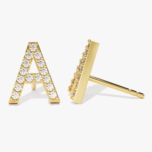 Pendientes iniciales de diamantes de oro macizo de 14k / Pendientes de nombre personalizados / Pendientes de diamantes / Pendientes de letras para mujeres / Regalo de cumpleaños único