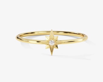14k Gold Diamond Star Ring / North Star Ring / Dainty Minimalist Ring for Women / Astrology Ring
