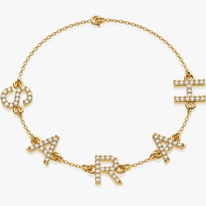 Pulsera con letra de nombre de diamante de oro macizo de 14 quilates, Pulsera con inicial de diamante, Pulseras de oro personalizadas para mujer, Regalo personalizado para Navidad
