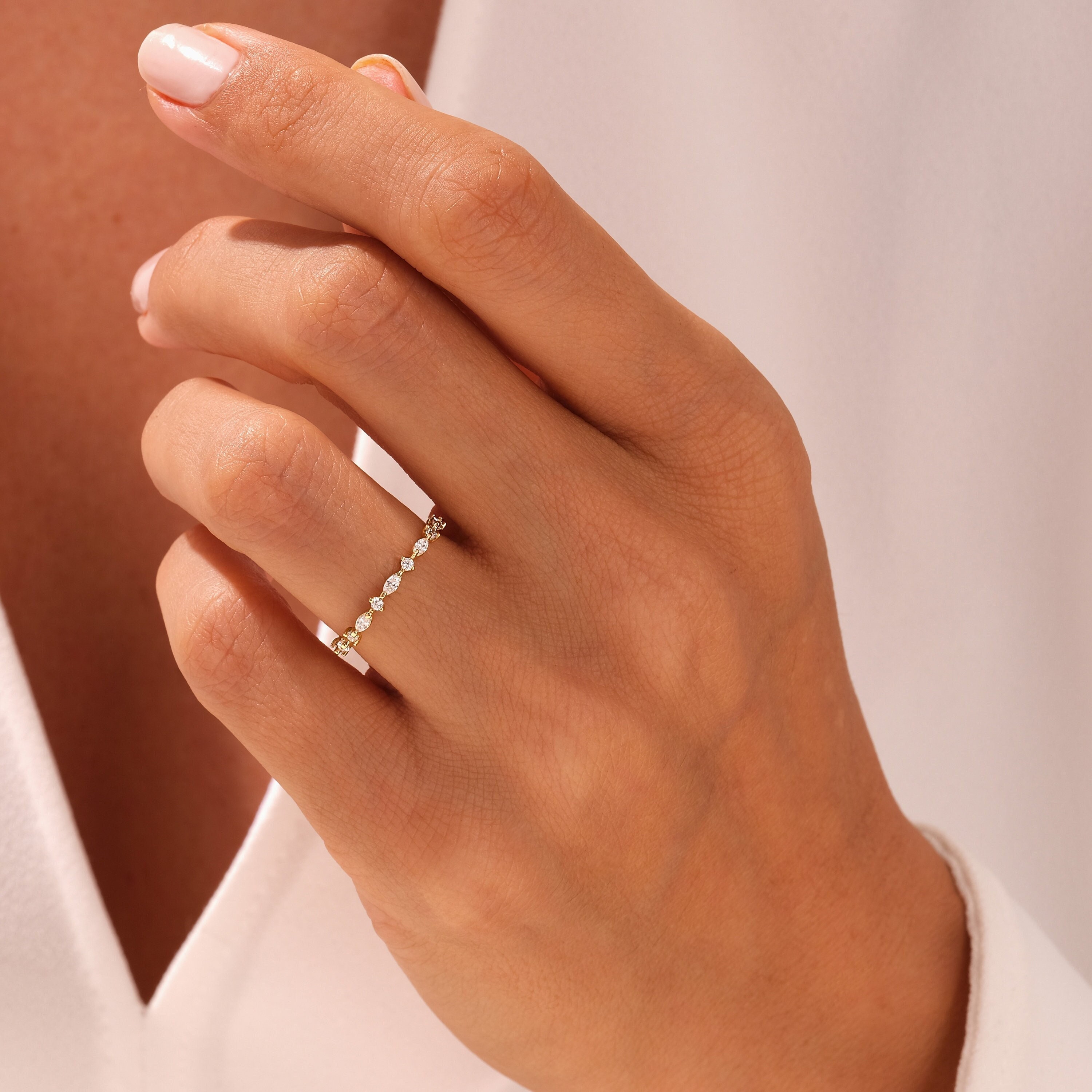 Diamond Half Eternity Wedding Band / Solid Gold Minimal Stacking Ring / Marquise and Round Cut Wedding Ring for Women / Gold Enhancer Ring