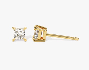 Pendientes de oro macizo de 14k con diamantes de talla princesa / pernos de diamantes de talla princesa / aretes para mujer / aretes en forma de princesa