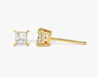 14k Solid Gold Earrings Wİth Princess Cut Diamonds / Princess Cut Diamond Studs / Stud Earrings For Women / Princess Shape Stud Earrings