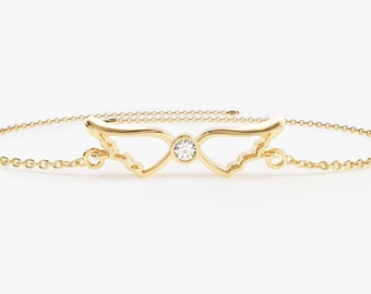 Dainty Diamond Angel Wings Bracelet / 14k Solid Gold Bracelet / Diamond Bracelets for Women / Gift for Her / Unique Valentine's Day Gifts