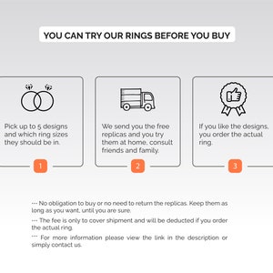 May include: A three-step process for trying on rings before buying. Step 1: Pick up to 5 designs and ring sizes. Step 2: We send you free replicas to try at home. Step 3: If you like the designs, order the actual ring. No obligation to buy or return the replicas. The fee for shipping will be deducted if you order the actual ring.