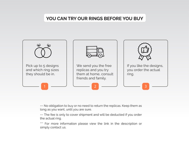 May include: A three-step process for trying on rings before buying. Step 1: Pick up to 5 designs and ring sizes. Step 2: We send you free replicas to try at home. Step 3: If you like the designs, order the actual ring. No obligation to buy or return the replicas. The fee for shipping will be deducted if you order the actual ring.