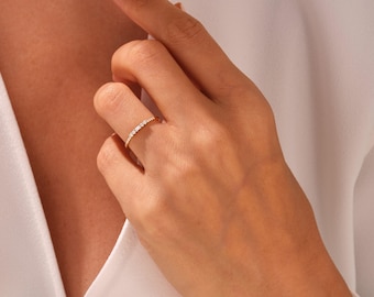 Dainty Multi-Cut Natural Diamond Wedding Ring: 14K Gold Minimalist Stacking Band, 0.15 ct