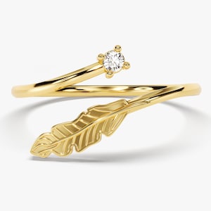 14k Gold Diamond Feather Ring / Dainty Minimalist Diamond Ring for Women / Gold Arrow Ring / Unique Diamond Stackable Band / 14k Open Ring