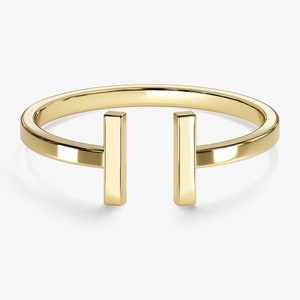 14k Solid Gold T Ring / Minimalist Open Stacking Ring / Square Ring / 14k Gold Rings for Women / Dainty Bar Band