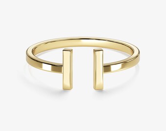 14k Solid Gold T Ring / Minimalist Open Stacking Ring / Square Ring / 14k Gold Rings for Women / Dainty Bar Band