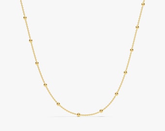 14k Gold Chain and Ball Necklace / Dainty Solid Gold Beaded Chain For Her / Minimalist Link Chain Necklace for Women / Birthday Gift