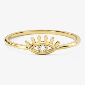 14k Gold Evil Eye Ring / Diamond Evil Eye Ring / Good Luck Ring / Dainty Minimalist Diamond Ring for Women / Boho Jewelry Gift