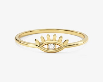 14k Gold Evil Eye Ring / Diamond Evil Eye Ring / Good Luck Ring / Dainty Minimalist Diamond Ring for Women / Boho Jewelry Gift