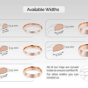May include: A diagram showing different ring widths available in millimeters. The rings are shown in a brushed rose gold finish. The text reads: "Available Widths". All of our rings are curved inside to ensure comfort fit. For other widths you can contact us.