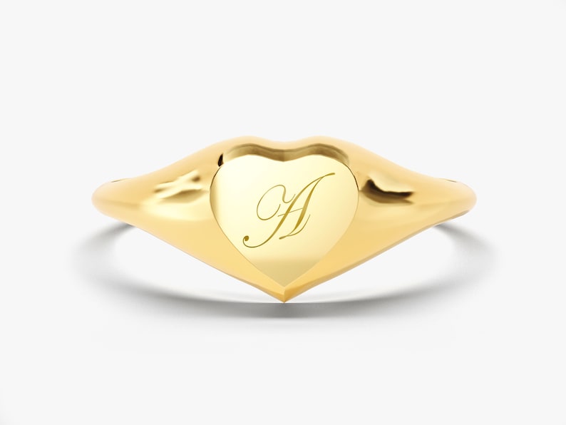 14k Solid Gold Heart Signet Ring / Engraved Heart Signet Ring / Gold ...