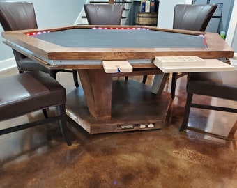 Custom LED Lit 6 sided Modern Maple Poker Table, Sliding Rail system with Attachments, Unique integrated base storage, speed felt